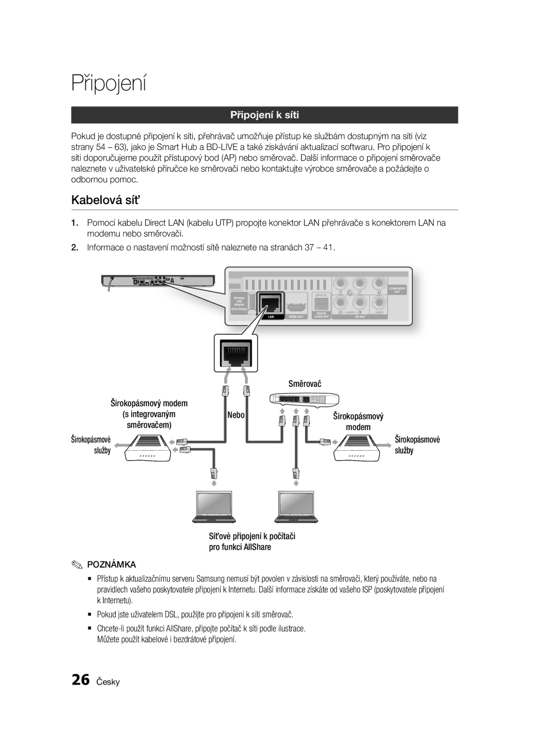 Samsung BD-D5500/ZF, BD-D5500/ZA, BD-D5500/XN, BD-D5500/EN manual Kabelová síť, Připojení k síti, Směrovač, Nebo, Služby 